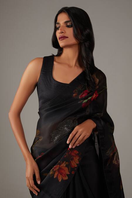 Rohit Bal Black Organza Garden Print Saree With Unstitched Blouse Piece Online at Aza Fashions Rohit Bal_Black Organza Garden Print Saree With Unstitched Blouse Piece _Online_at_Aza_Fashions