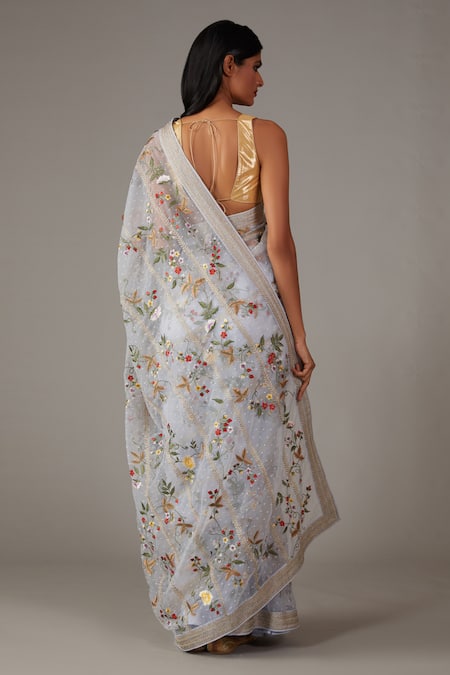 Rohit Bal Floral Vine Embroidered Saree With Unstitched Blouse Piece 