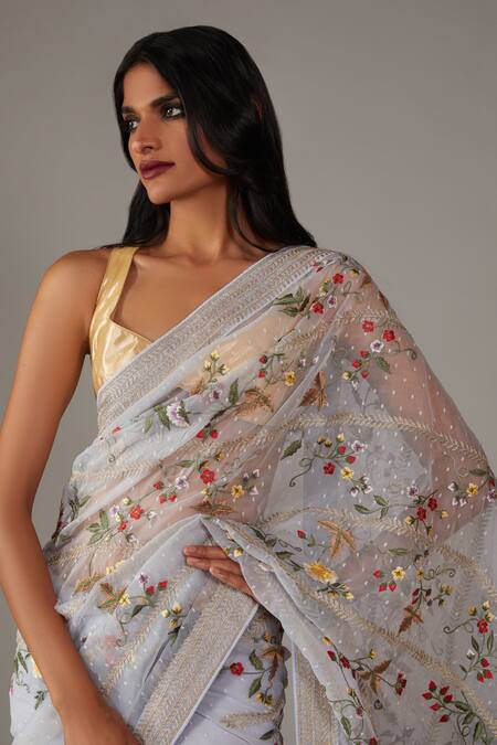Rohit Bal_Blue Organza, Satin, Denim Floral Vine Saree With Unstitched Blouse Piece _Online_at_Aza_Fashions