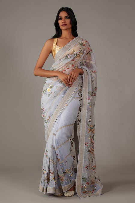 Buy_Rohit Bal_Blue Organza, Satin, Denim Floral Vine Saree With Unstitched Blouse Piece _Online_at_Aza_Fashions