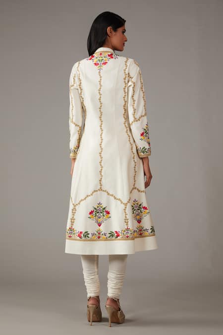 Shop_Rohit Bal_Ivory Silk, Cotton Embroidery Mandarin Collar Chnaderi Anarkali Churidar Set _at_Aza_Fashions