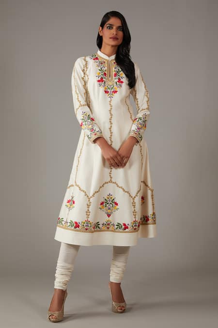 Buy_Rohit Bal_Ivory Silk, Cotton Embroidery Mandarin Collar Chnaderi Anarkali Churidar Set _Online_at_Aza_Fashions