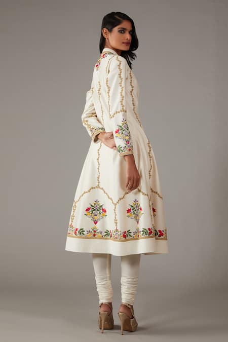 Shop_Rohit Bal_Ivory Silk, Cotton Embroidery Mandarin Collar Chnaderi Anarkali Churidar Set _Online_at_Aza_Fashions