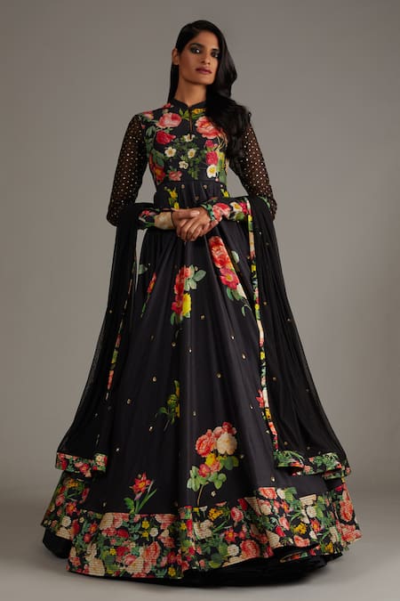 Rohit Bal Black Silk Chnaderi Blossom Print Anarkali With Dupatta 
