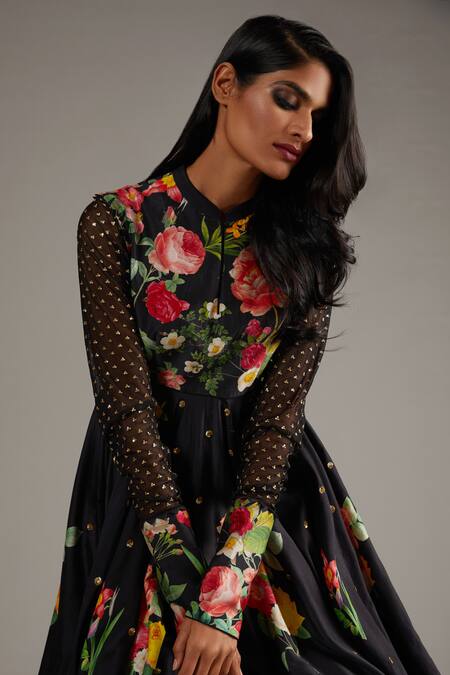 Rohit Bal_Black Silk, Chanderi, Cotton Chnaderi Blossom Print Anarkali With Dupatta _Online_at_Aza_Fashions