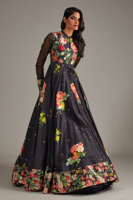Buy_Rohit Bal_Black Silk, Chanderi, Cotton Chnaderi Blossom Print Anarkali With Dupatta _Online_at_Aza_Fashions