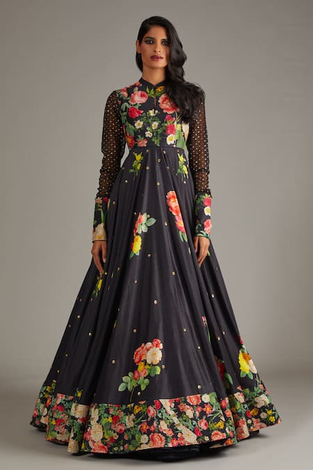 Shop_Rohit Bal_Black Silk, Chanderi, Cotton Chnaderi Blossom Print Anarkali With Dupatta _Online_at_Aza_Fashions