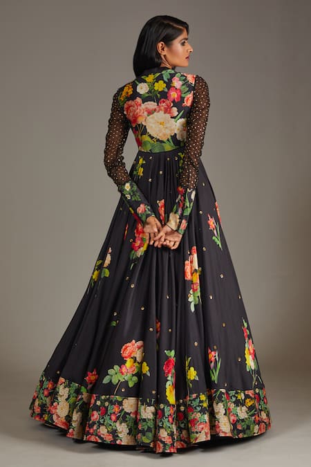 Rohit Bal_Black Silk, Chanderi, Cotton Chnaderi Blossom Print Anarkali With Dupatta _at_Aza_Fashions