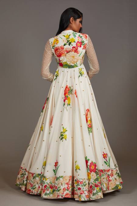 Shop_Rohit Bal_Ivory Silk, Chanderi, Cotton Embroidery Blossom Print Anarkali With Dupatta _at_Aza_Fashions