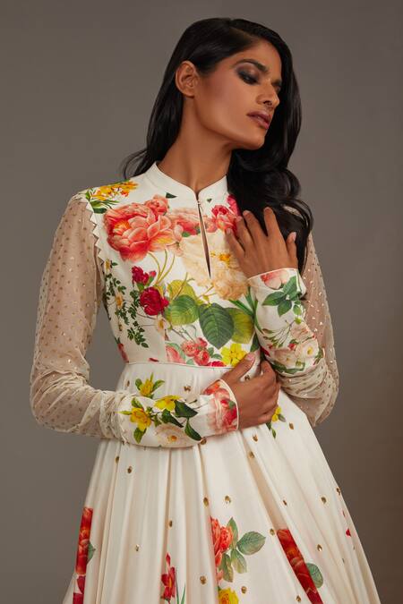 Rohit Bal_Ivory Silk, Chanderi, Cotton Embroidery Blossom Print Anarkali With Dupatta _Online_at_Aza_Fashions