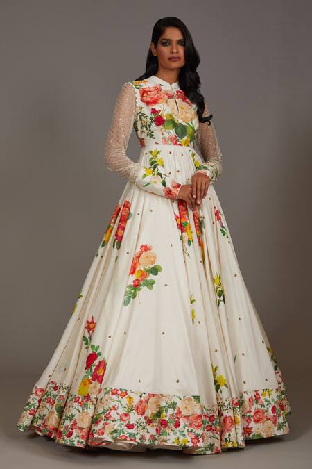Buy_Rohit Bal_Ivory Silk, Chanderi, Cotton Embroidery Blossom Print Anarkali With Dupatta _Online_at_Aza_Fashions