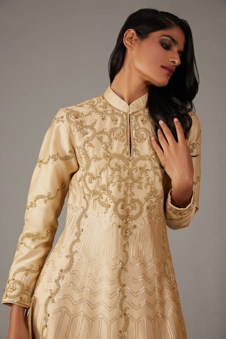 Rohit Bal_Beige Silk, Chanderi, Net, Cotton Embroidered Kalidar Kurta Churidar Set _Online_at_Aza_Fashions