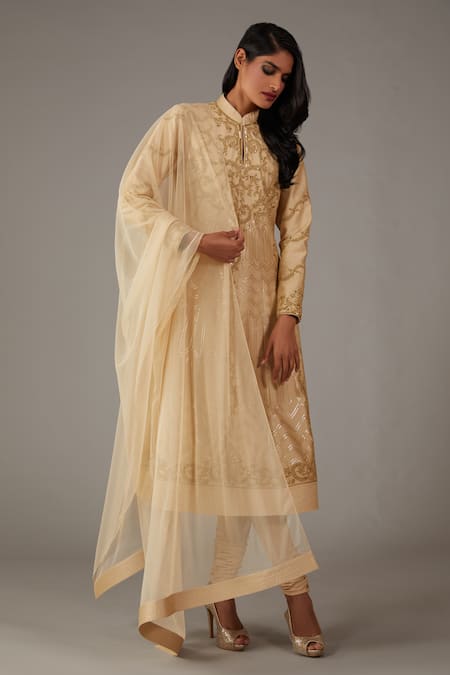 Buy_Rohit Bal_Beige Silk, Chanderi, Net, Cotton Embroidered Kalidar Kurta Churidar Set _Online_at_Aza_Fashions