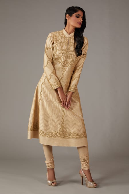 Shop_Rohit Bal_Beige Silk, Chanderi, Net, Cotton Embroidered Kalidar Kurta Churidar Set _Online_at_Aza_Fashions