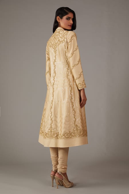 Rohit Bal_Beige Silk, Chanderi, Net, Cotton Embroidered Kalidar Kurta Churidar Set _at_Aza_Fashions