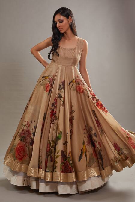 Rohit Bal_Beige Organza, Cotton Embroidery Round Neck Garden Print Anarkali Churidar Set _Online_at_Aza_Fashions