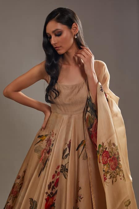 Buy_Rohit Bal_Beige Organza, Cotton Embroidery Round Neck Garden Print Anarkali Churidar Set _Online_at_Aza_Fashions