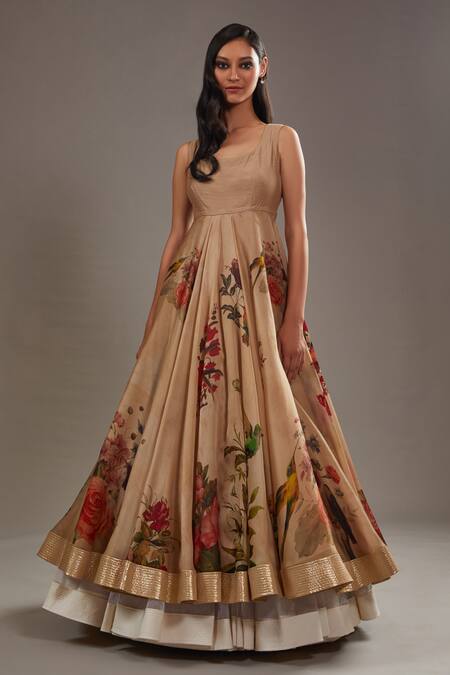 Shop_Rohit Bal_Beige Organza, Cotton Embroidery Round Neck Garden Print Anarkali Churidar Set _Online_at_Aza_Fashions