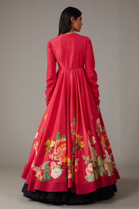 Shop Rohit Bal Red Silk, Chanderi, Cotton Embroidery Blossom Garden Print Anarkali Churidar Set at Aza Fashions Shop_Rohit Bal_Red Silk, Chanderi, Cotton Embroidery Blossom Garden Print Anarkali Churidar Set _at_Aza_Fashions