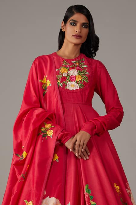 Rohit Bal Red Silk, Chanderi, Cotton Embroidery Blossom Garden Print Anarkali Churidar Set Online at Aza Fashions Rohit Bal_Red Silk, Chanderi, Cotton Embroidery Blossom Garden Print Anarkali Churidar Set _Online_at_Aza_Fashions