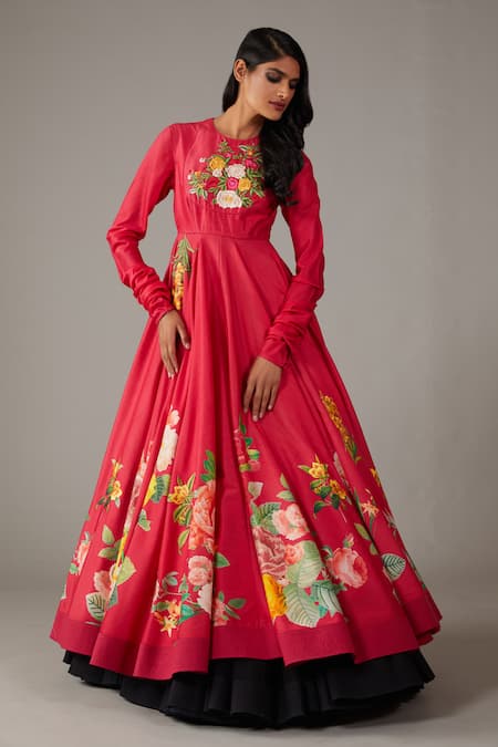 Buy Rohit Bal Red Silk, Chanderi, Cotton Embroidery Blossom Garden Print Anarkali Churidar Set Online at Aza Fashions Buy_Rohit Bal_Red Silk, Chanderi, Cotton Embroidery Blossom Garden Print Anarkali Churidar Set _Online_at_Aza_Fashions