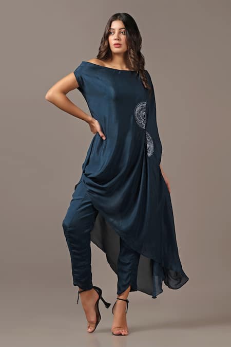 Buy_Two Sisters By Gyans_Blue Silk, Georgette Sequins Off-shoulder Off Top With Pant _Online_at_Aza_Fashions