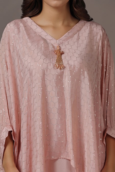 Shop_Two Sisters By Gyans_Pink Georgette Sequins V-neck Embellished Kaftan Top And Draped Pant Set _Online_at_Aza_Fashions