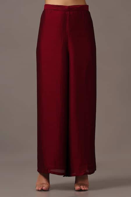 Two Sisters By Gyans_Maroon Silk Pearls V-neck Asymmetric Top And Flared Pant Set _Online_at_Aza_Fashions