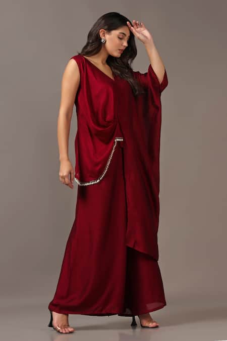 Buy_Two Sisters By Gyans_Maroon Silk Pearls V-neck Asymmetric Top And Flared Pant Set _Online_at_Aza_Fashions