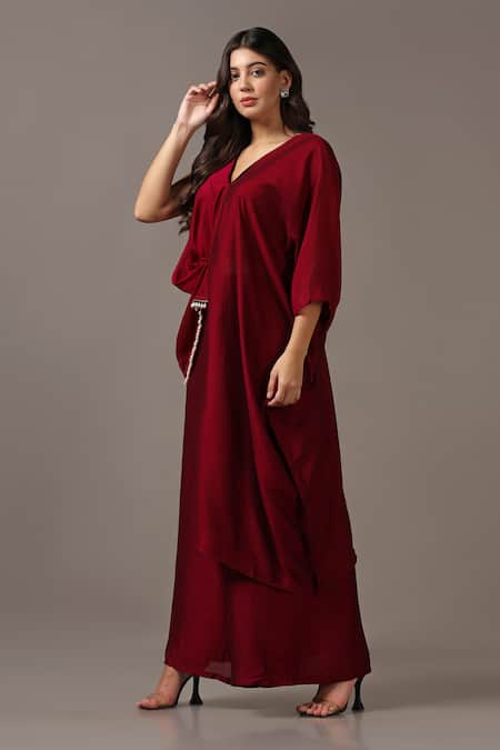 Shop_Two Sisters By Gyans_Maroon Silk Pearls V-neck Asymmetric Top And Flared Pant Set _Online_at_Aza_Fashions