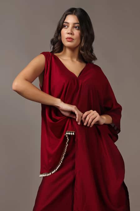 Two Sisters By Gyans_Maroon Silk Pearls V-neck Asymmetric Top And Flared Pant Set _at_Aza_Fashions