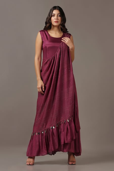 Two Sisters By Gyans_Wine Satin, Georgette Sequins Round Neck Maxi Gown With Embellished Drape _Online_at_Aza_Fashions