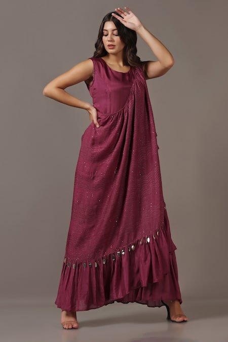 Buy_Two Sisters By Gyans_Wine Satin, Georgette Sequins Round Neck Maxi Gown With Embellished Drape _Online_at_Aza_Fashions