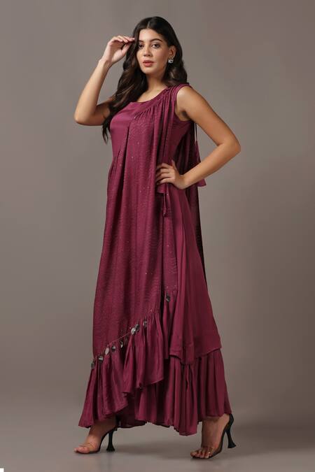 Shop_Two Sisters By Gyans_Wine Satin, Georgette Sequins Round Neck Maxi Gown With Embellished Drape _Online_at_Aza_Fashions