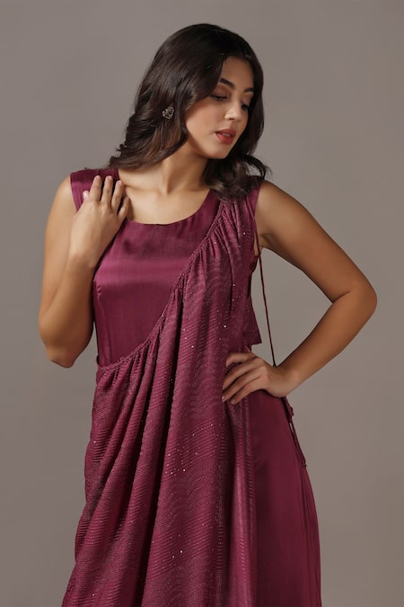 Two Sisters By Gyans_Wine Satin, Georgette Sequins Round Neck Maxi Gown With Embellished Drape _at_Aza_Fashions