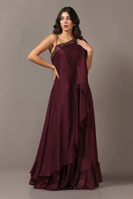 Two Sisters By Gyans_Wine Chiffon Sequins One Shoulder Embroidered Gown _Online_at_Aza_Fashions