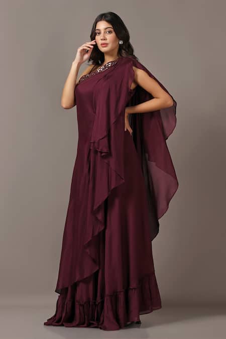 Buy_Two Sisters By Gyans_Wine Chiffon Sequins One Shoulder Embroidered Gown _Online_at_Aza_Fashions