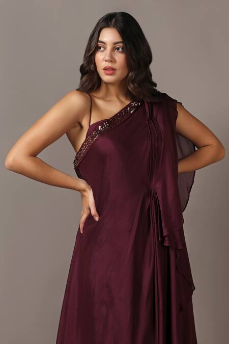 Shop_Two Sisters By Gyans_Wine Chiffon Sequins One Shoulder Embroidered Gown _Online_at_Aza_Fashions