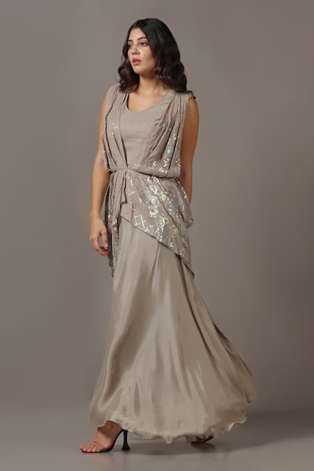 Buy_Two Sisters By Gyans_Beige Georgette Sequins Round Neck Embroidered Draped Gown _Online_at_Aza_Fashions