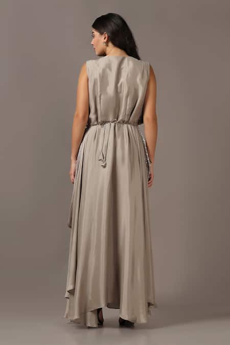 Shop_Two Sisters By Gyans_Beige Georgette Sequins Round Neck Embroidered Draped Gown _at_Aza_Fashions