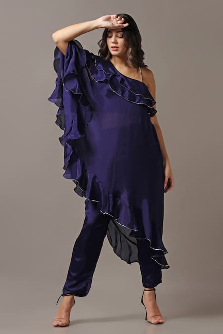 Buy_Two Sisters By Gyans_Blue Silk, Georgette Sequins One Shoulder Off Frilled Top And Pant Set _Online_at_Aza_Fashions