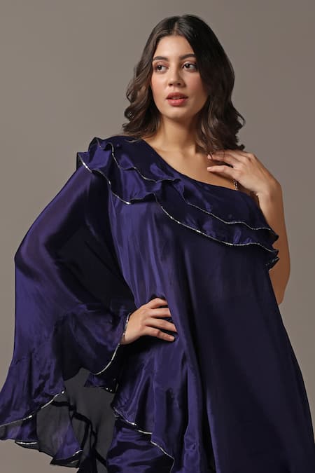 Shop_Two Sisters By Gyans_Blue Silk, Georgette Sequins One Shoulder Off Frilled Top And Pant Set _Online_at_Aza_Fashions