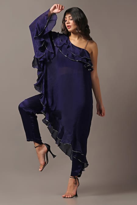 Two Sisters By Gyans_Blue Silk, Georgette Sequins One Shoulder Off Frilled Top And Pant Set _at_Aza_Fashions