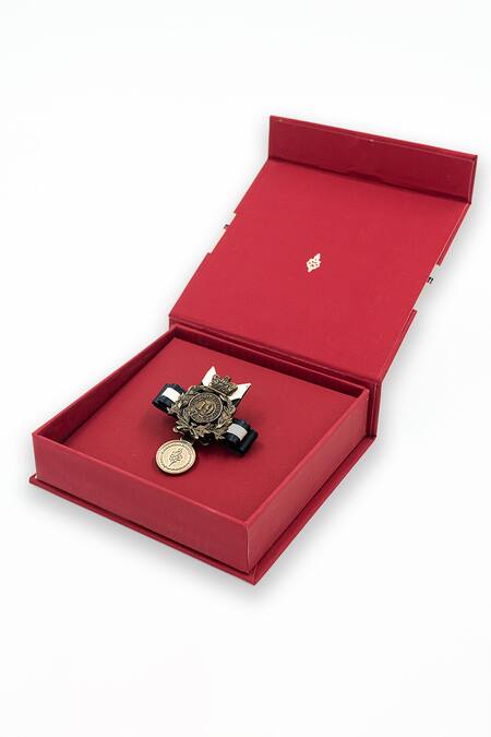 Shop_S&N By Shantnu Nikhil_Black Embroidery Adamas Coin Brooch_at_Aza_Fashions