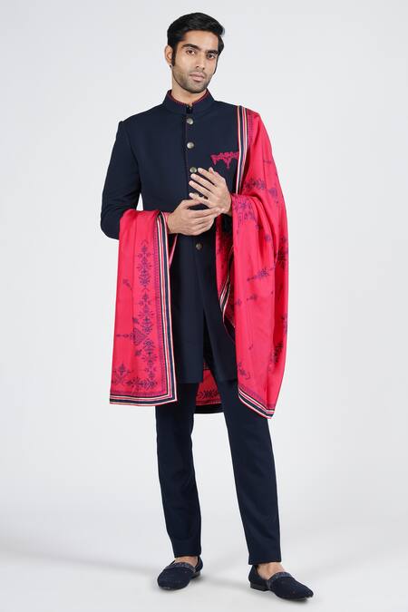 Shop S&N By Shantnu Nikhil Blue Faux Leather Bordered Stole at Aza Fashions Shop_S&N By Shantnu Nikhil_Blue Faux Leather Bordered Stole_at_Aza_Fashions