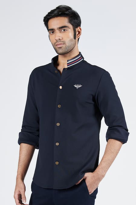 S&N By Shantnu Nikhil_Blue Lycra, Viscose, Terrycloth Striped Nehru Collar Shirt_Online_at_Aza_Fashions