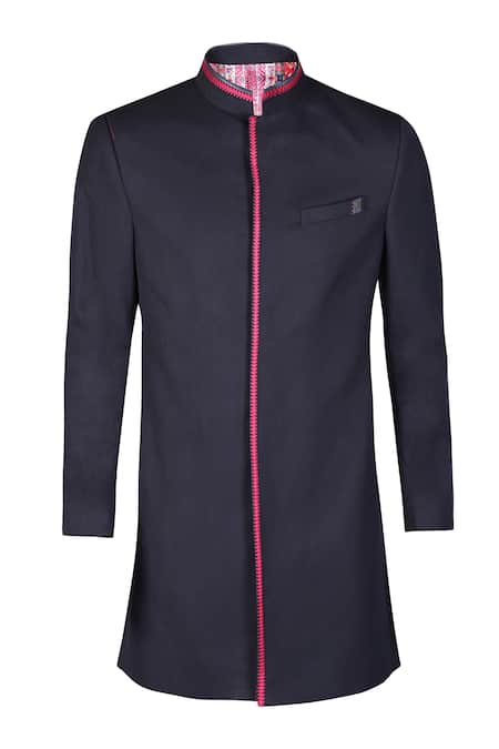 S&N By Shantnu Nikhil_Blue Lycra, Viscose, Polyester Metallic Thread Embroidered Nehru Collar Sherwani_Online_at_Aza_Fashions