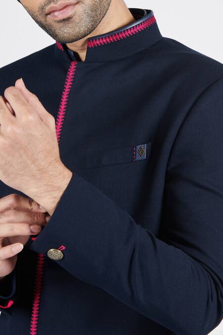 Buy S&N By Shantnu Nikhil Blue Lycra, Viscose, Polyester Metallic Thread Embroidered Nehru Collar Sherwani Online at Aza Fashions Buy_S&N By Shantnu Nikhil_Blue Lycra, Viscose, Polyester Metallic Thread Embroidered Nehru Collar Sherwani_Online_at_Aza_Fashions