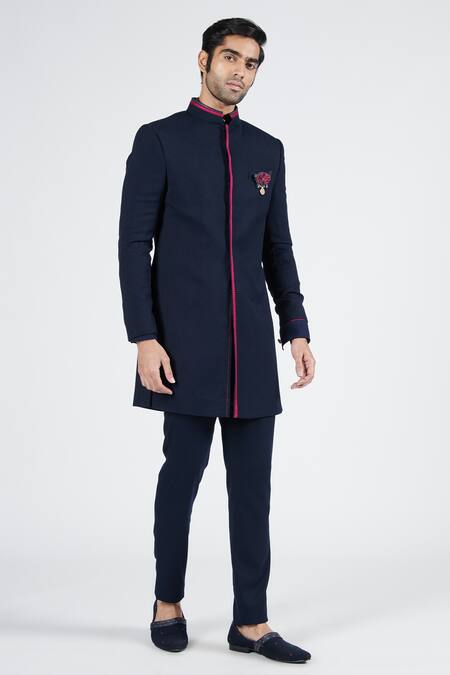Shop S&N By Shantnu Nikhil Blue Lycra, Viscose, Polyester Metallic Thread Embroidered Nehru Collar Sherwani Online at Aza Fashions Shop_S&N By Shantnu Nikhil_Blue Lycra, Viscose, Polyester Metallic Thread Embroidered Nehru Collar Sherwani_Online_at_Aza_Fashions