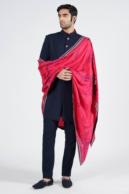 Shop S&N By Shantnu Nikhil Blue Lycra, Viscose, Polyester Embroidery Thread Nehruvian Collar Sherwani at Aza Fashions Shop_S&N By Shantnu Nikhil_Blue Lycra, Viscose, Polyester Embroidery Thread Nehruvian Collar Sherwani_at_Aza_Fashions